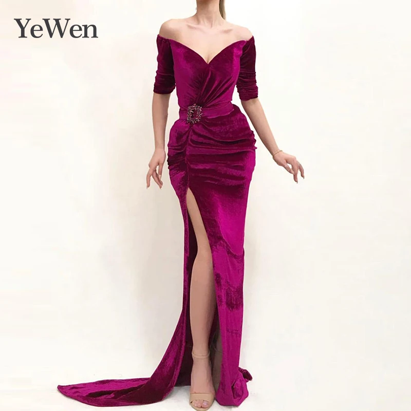 Сексуальное вечернее платье с v-образным вырезом, фиолетовое вечернее платье, женские элегантные вечерние платья с высоким разрезом, арабское вечернее платье