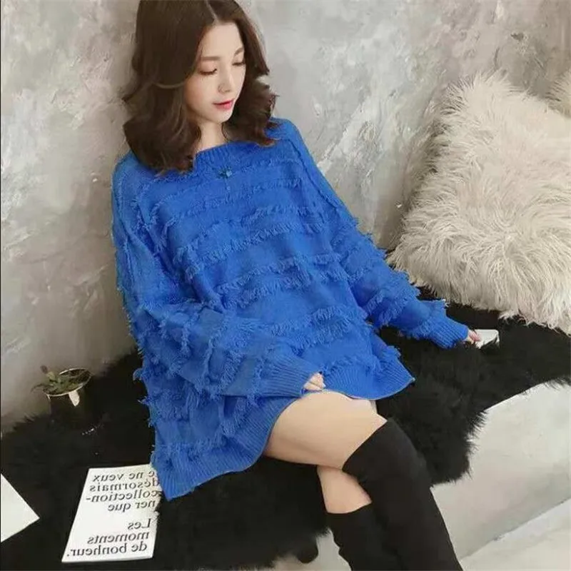 

Autumn and winter new long tassel bottoming shirt long-sleeved loose fur clothes female students knitted tops