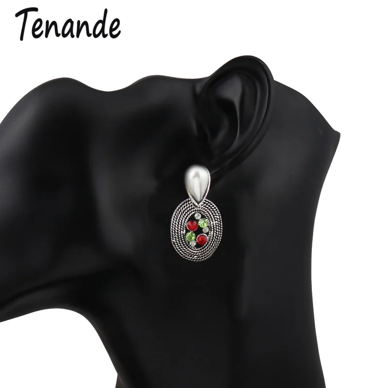 

Tenande Vintage Bohemian Oval Water Droplets Crystal Drop Earrings Simulated Pearl Dangle Earrings for Women Tibet Silver Color