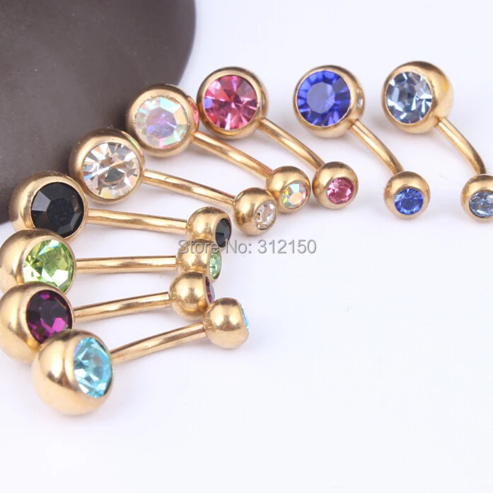 

50pcs/lot 1.6*10*5/8MM Gold Double Gem Belly Ring, Body Piercing Jewelry ear nail Belly Button Rings Navel Ring