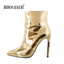 Модные женские ботинки; сезон осень-зима; женская обувь на высоком каблуке; цвет золотистый, Серебристый; женские Теплые ботильоны из лакированной кожи на меху