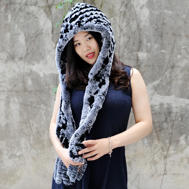 

CX-C-17G Winter Warm Women Knit Rex Fur Hooded Scarf Hat ~ DROP SHIPPING
