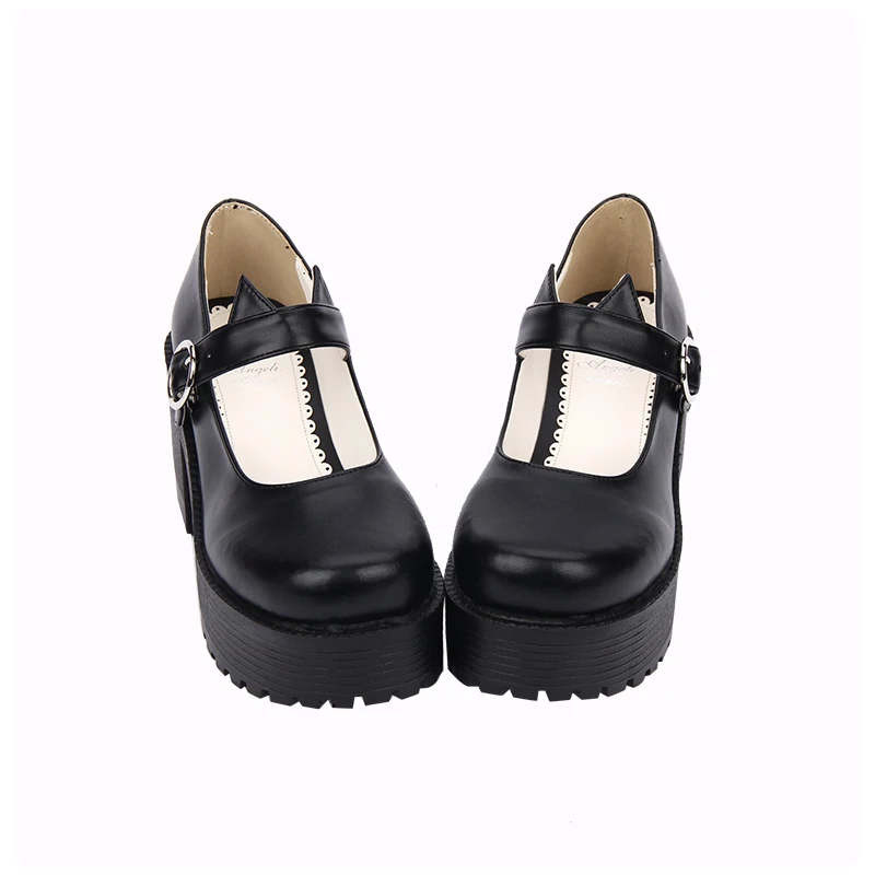 Черные туфли мэри джейн на толстой платформе с кошачьими ушками; туфли-лодочки для костюмированной вечеринки в стиле панк и Лолиты для школьниц