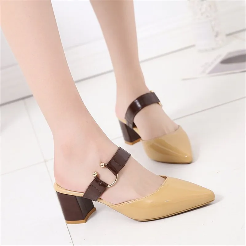 spring summer sandals Square heel casual shoes women shoes single shoes pointed fashion thick with high heels female f088 - Цвет: brown