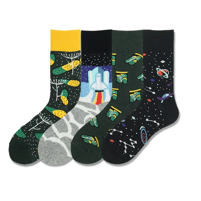 Стильные жаккардовые носки в стиле Харадзюку с изображением растений, фруктов, кактуса, арбуза, животных, попугая, планеты, забавные носки унисекс в стиле хип-хоп