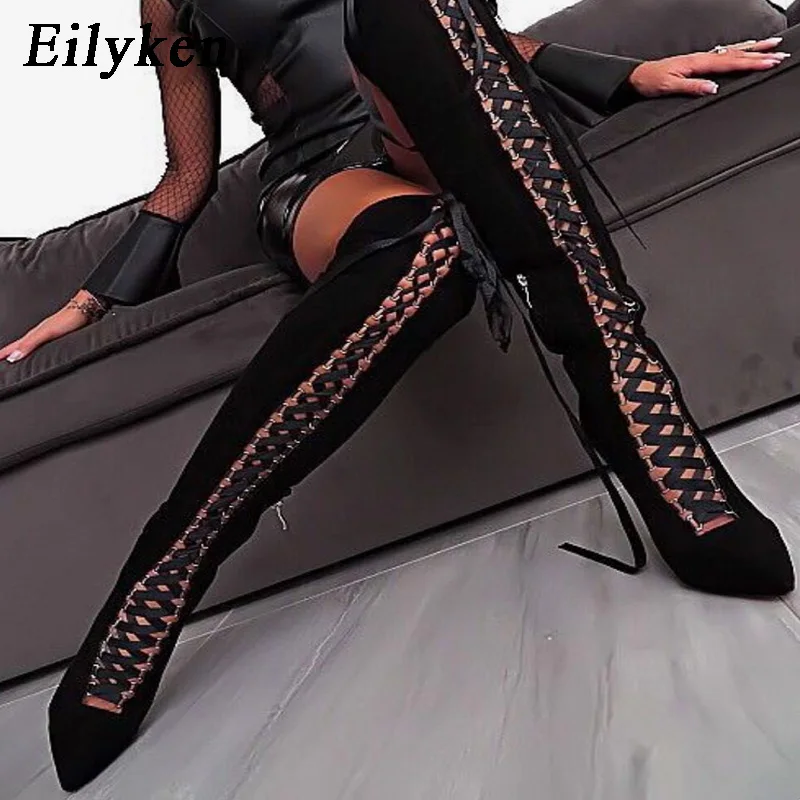 

Eilyken 2019 New Spring/Autumn Over-the-Knee Women Black Boot Sandals Pointed Toe shoes Cross-tied Chelsea Boots Feminin