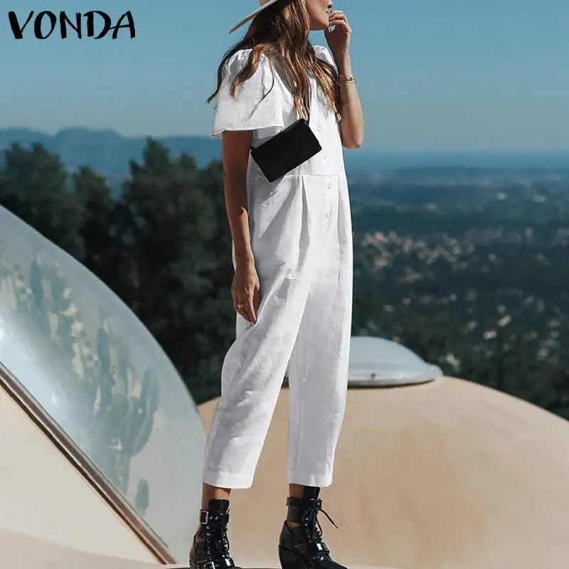 

Casual Playsuit VONDA 2019 Women Jumpsuit Romper Short Sleeve Ladies Loose White Black Cotton Playsuit Summer Overalls Plus Size