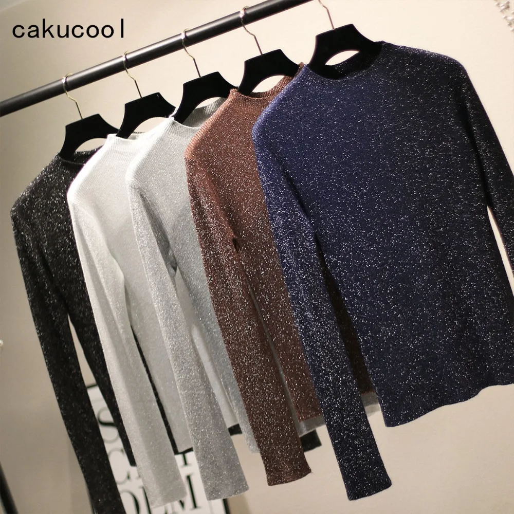

Cakucool Knit t Shirt Women Long Sleeve Round neck Slim Tee Tops Silver Lurex Bling Korean Pullover Tshirt Femme Plus 6colors