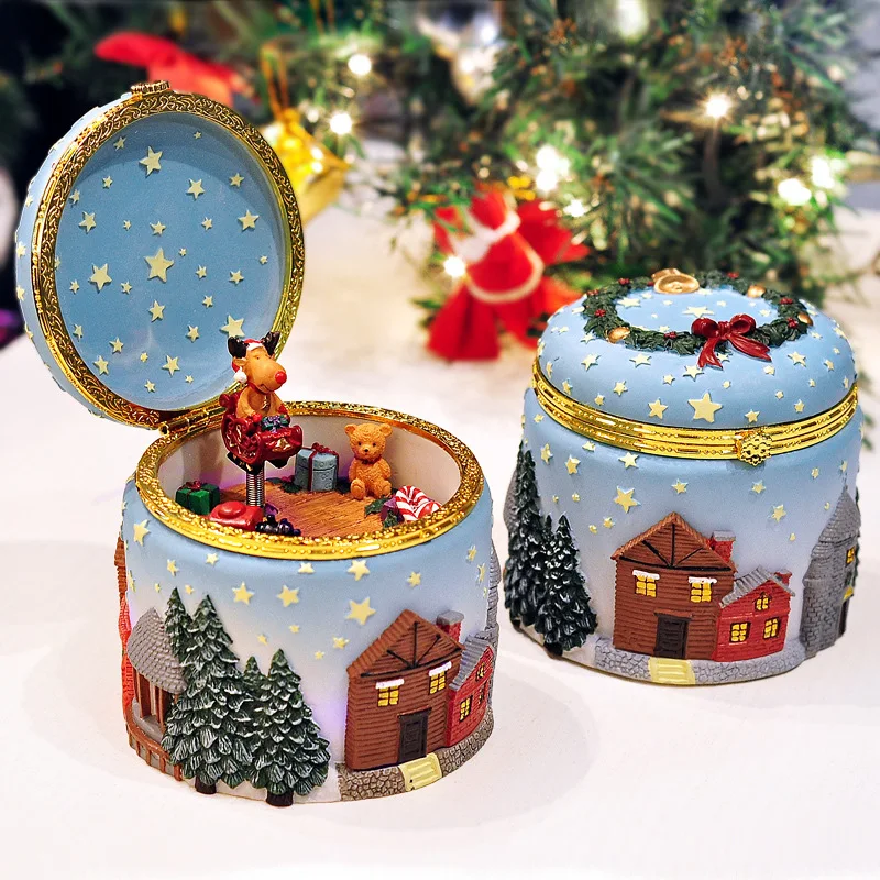 Cartoon Rotating Music Box Resin Elk Christmas Tree Music Box Home