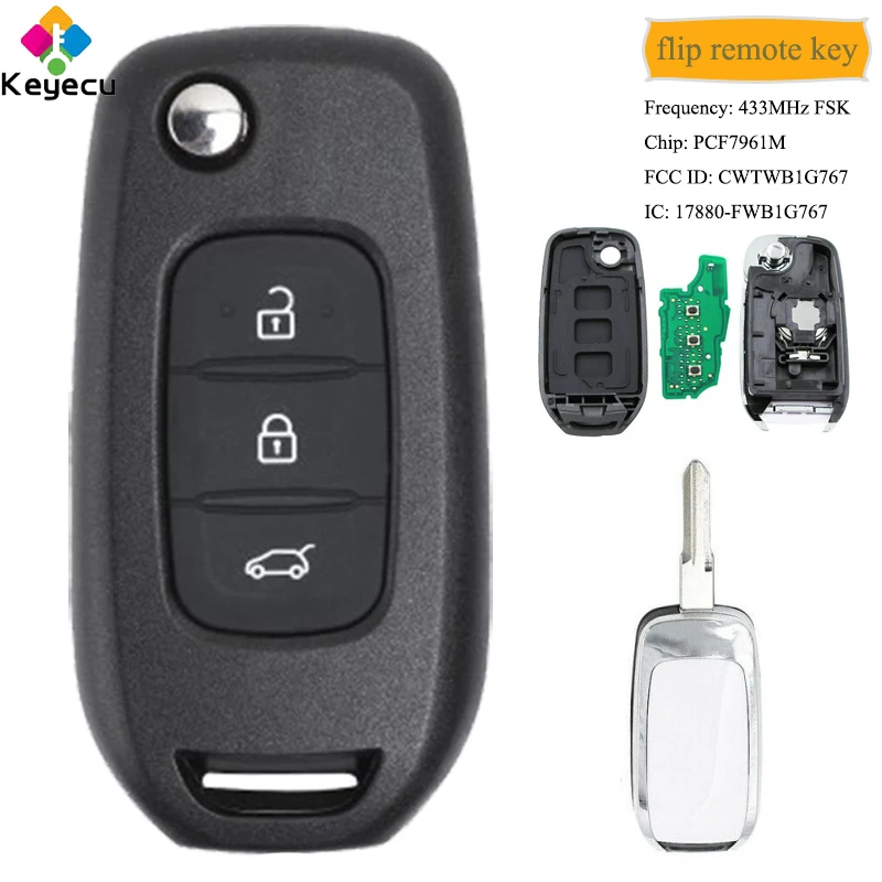 

KEYECU Flip Remote Car Key With 3 Button 433MHz PCF7961M VAC102 Blade - FOB for Renault Kadjar Captur Megane 3 Symbol CWTWB1G767