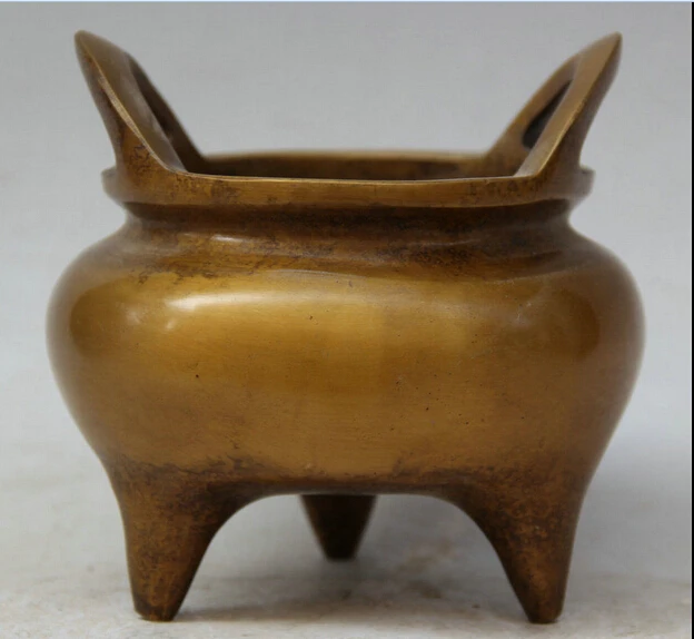 

hui88K756<<<6" Marked Chinese Copper 3 Foot circular handle Incense Burner Censer W statue