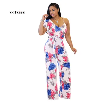 

Echoine Women Fashion Jumpsuit Ruffles Irregular Neck One shoulder Floral Printed Sexy Spaghetti Strap Loose Long Pants Rompers