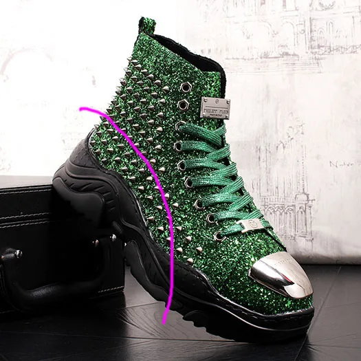 На шнуровке туфли на толстой подошве с высоким берцем тренер Ботинки с блестками кроссовки зеленый металлик модная обувь для мужчин рок ботильоны с заклепками красные серьги-гвоздики - Цвет: green elevator