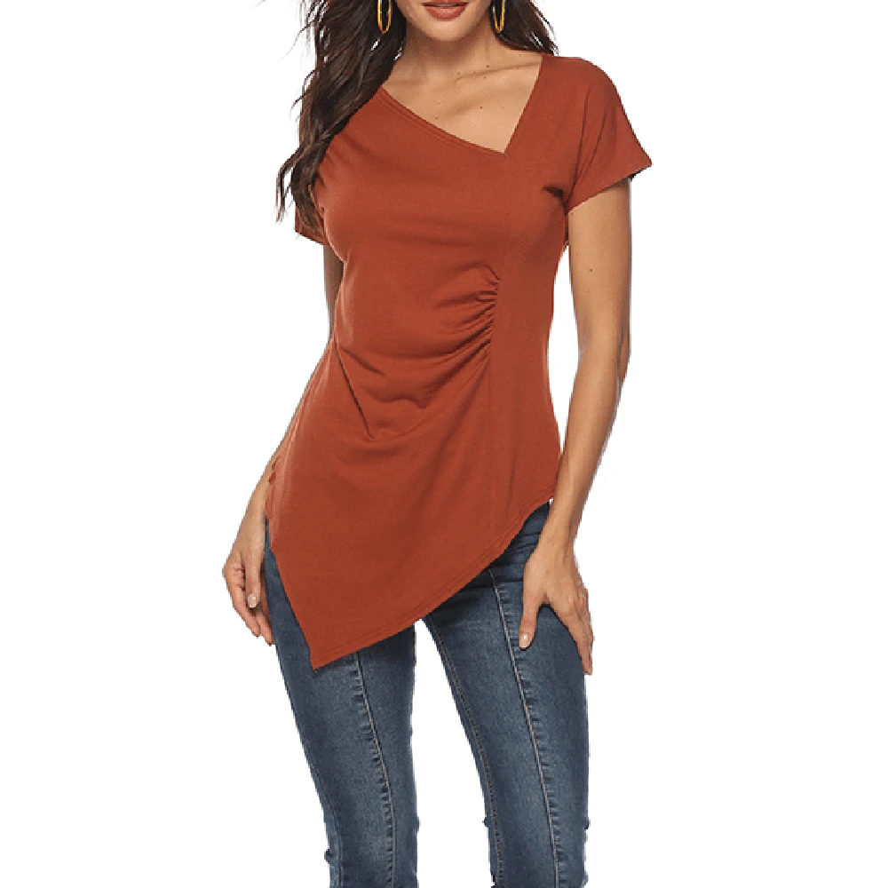 

Tshirt Summer 2019 Plus Size Tops Solid Short Sleeve V Neck Irregular Design Leisure Fashion Bohemian Party Beach Streetwear D30