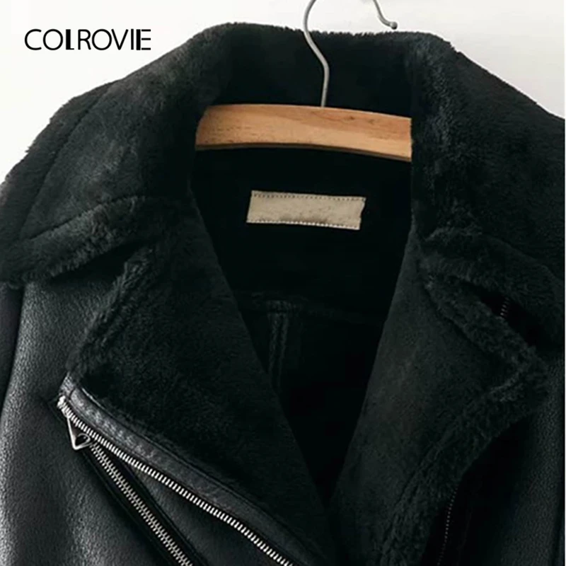 COLROVIE الأسود زيبر جيب فو الفراء اصطف بو سترة جلدية معطف النساء 2019 الأزياء الدافئة سميكة السيدات الستر قميص