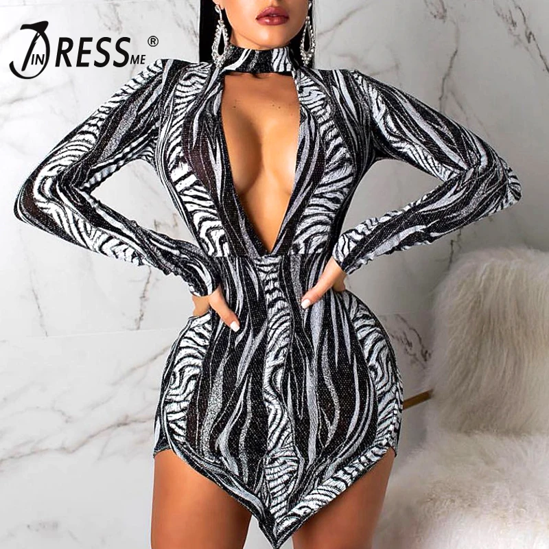INDRESSME 2019 новая женская одежда Леопардовый длинный рукав выдалбливают Vestidos