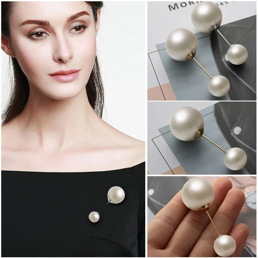 1PC Charm Women Double Head Imitation Pearl Brooch T shirt Collar Lapel