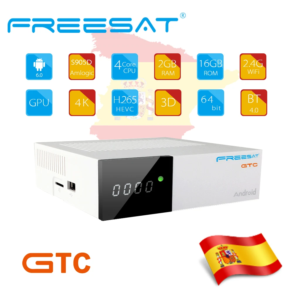 

FREESAT GTC Android 6.0 TV BOX dvb-S2 dvb-t2/Cable/ISDBT S905D 2GB RAM 16GB ROM gtmedia freesat + 1 year free spain CCcam gift