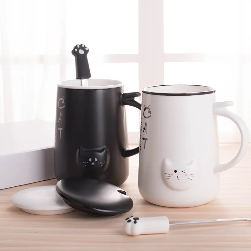 1.2Cute Cat  Ceramic Mugs with Lid & Spoon Cartoon Creative  Mug Milk Coffee Tea Cup Unique Porcelain Mugs Home Office Drinkware Gift