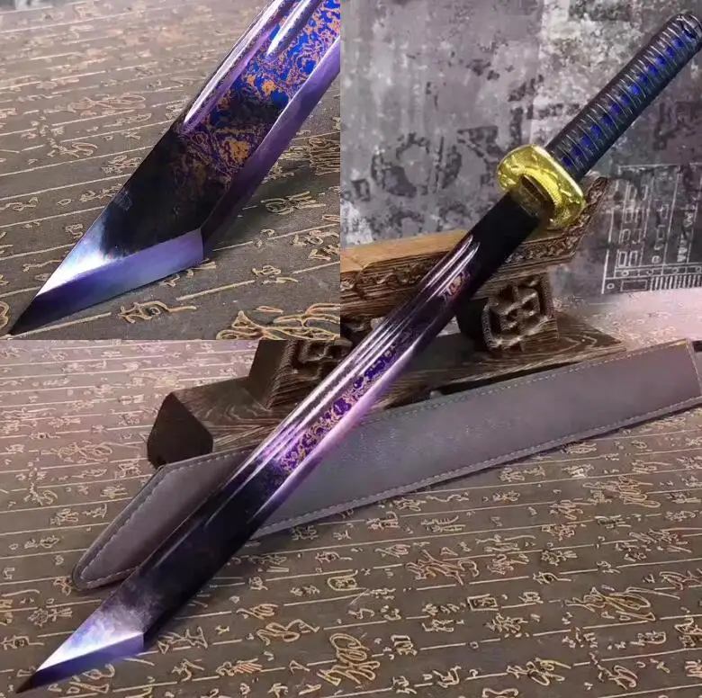 

Hand Forging Folded Pattern Steel Blue Blade Sharp Chinese Broad Sword Broadsword Sword Leather Sheath HL