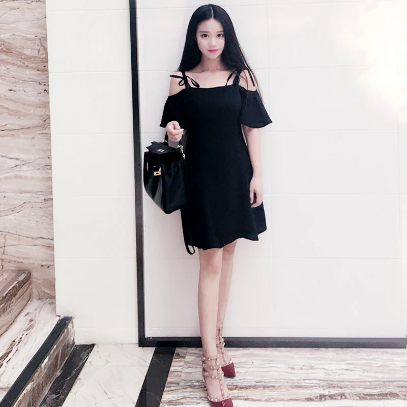 

Summer Japanese Harajuku Dress Women Korea Fashion Bandage Sexy Black Spaghetti Strap Cute Dresses Hepburn Off Shoulder Dress