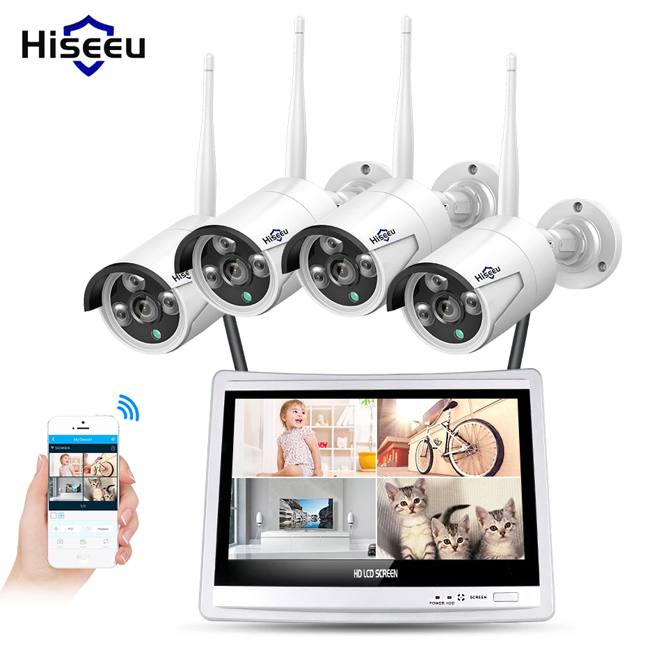 12 ''Displayer 4 шт. 1080P Беспроводная CCTV IP камера система 4CH NVR wifi видеонаблюдение