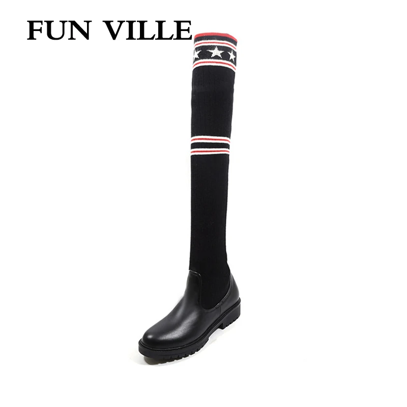 

FUN VILLE 2018 New Arrival women's over the knee boots PU Leather High Boots Sexy Ladies shoes Round Toe Slip on Women Flats