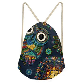 

ELVISWORDS Retro Owl Backpack Female Bohemian Cartoon Animals Drawstring Rucksack Bags Women Beach Shoe Bags Schoolbag