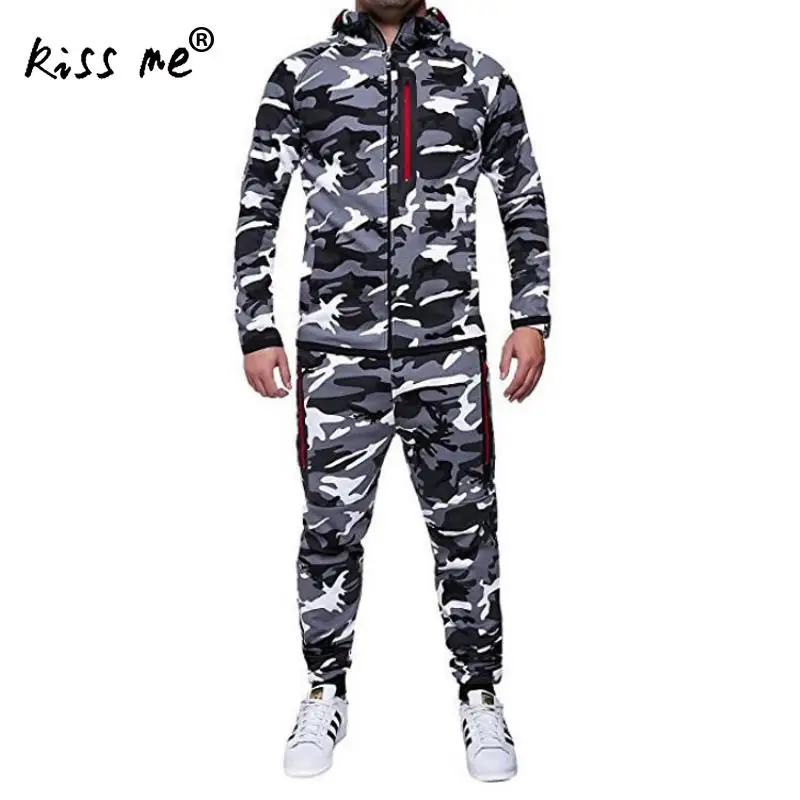 

2019 New Men Slim Sport Hoodies and Pants Camouflage Hoodies Suit Zipper Long Sleeves Running Training Trousers Exercise Sets