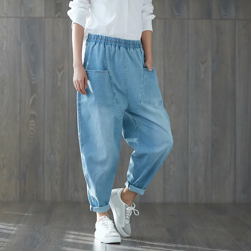 

Summer Autumn Boyfriend Jeans For Women Elastic Waist Loose Streetwear Female Washed Denim Harem Pants Plus Size 3XL