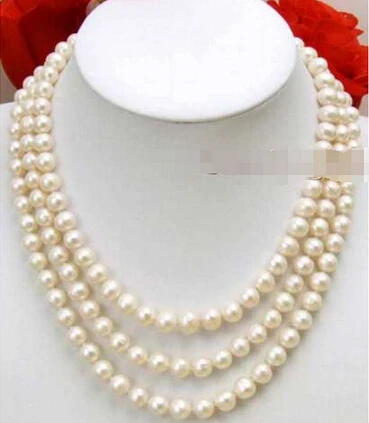 

Free shipping >>@ 7~8 mm Round White natural FreshWater Pearl 3 Strands Necklace