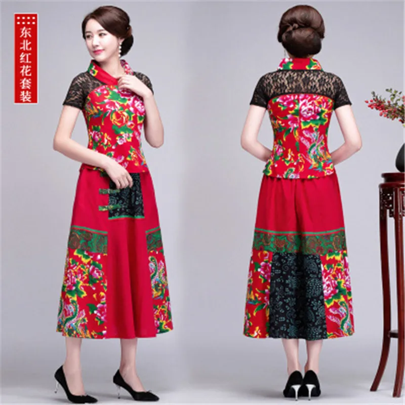 2019 Китайская одежда Женская мода комплект из двух предметов Элегантный Плюс Размер 6XL печать Лен Хлопок Тан костюм винтажный этнический