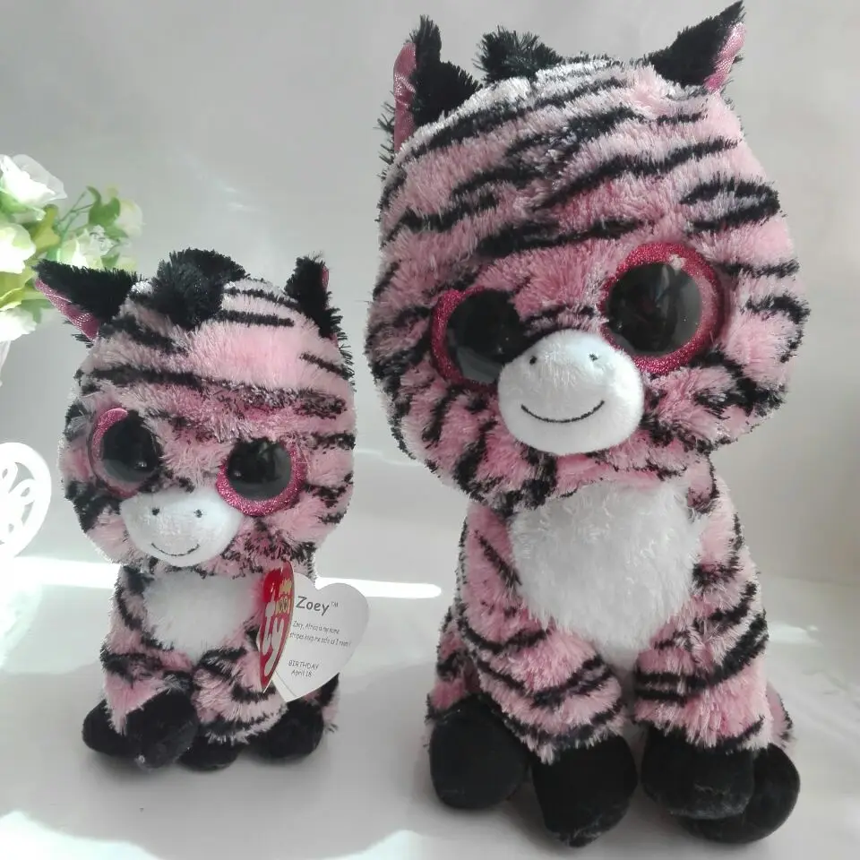 TY BEANIE BOOS 2PCs 25CM 15CM Zoey Pink Zebra BIG CRYSTAL EYES Plush