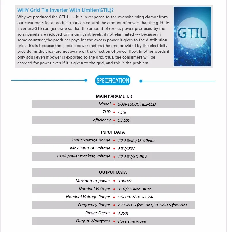 Солнечный Grid-Tie Инвертор SUN-1000GTIL2-LCD Диапазон входного напряжения 22-60vdc/45-90vdc чистая синусоида солнечный инвертор