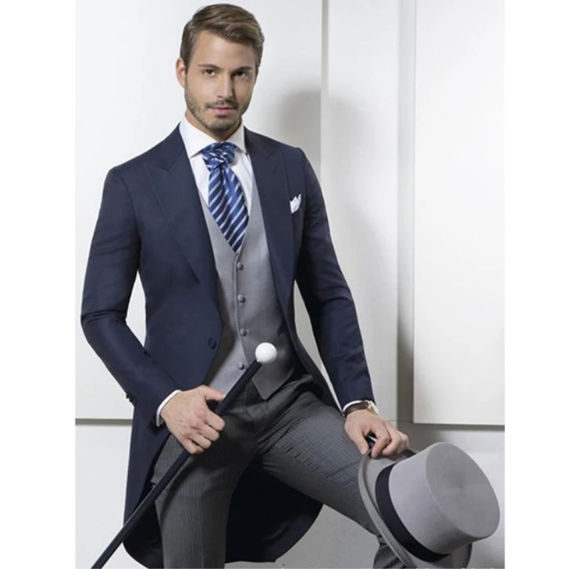 На заказ Классический дизайн темно-синий фрак смокинг жениха мужской свадебный костюм Одежда для выпускного вечера Мужские костюмы(куртка+ брюки+ жилет