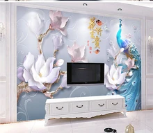 Customize Any Size 3D HD Print Embossed Stereo Flower Rich Modern Modern Peacock Background Wall Painting Silk Mural Wallpaper
