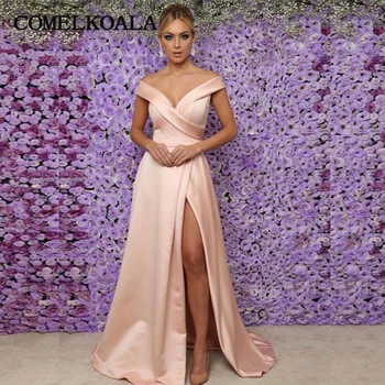 

Elegsnt Long Prom Dress Off Shoulder Sexy Deep V Neck Satin Evening Dresses High Slit Vestido De Noiva Formal Gala Party Gowns