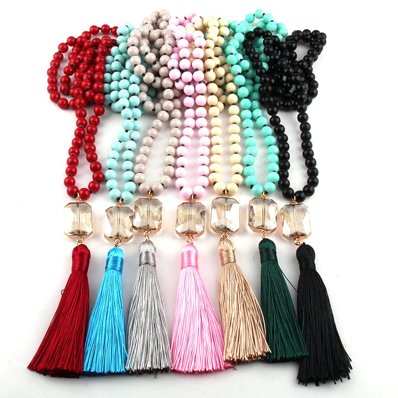 

Fashion Bohemian Jewelry Pfm Glass Long Knotted Crystal Link Tassel Pendant Necklaces For Women