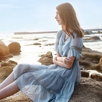 

Summer 2020 new women's v-neck solid color cute flare sleeve ruffles slim chiffon dresses female clothing