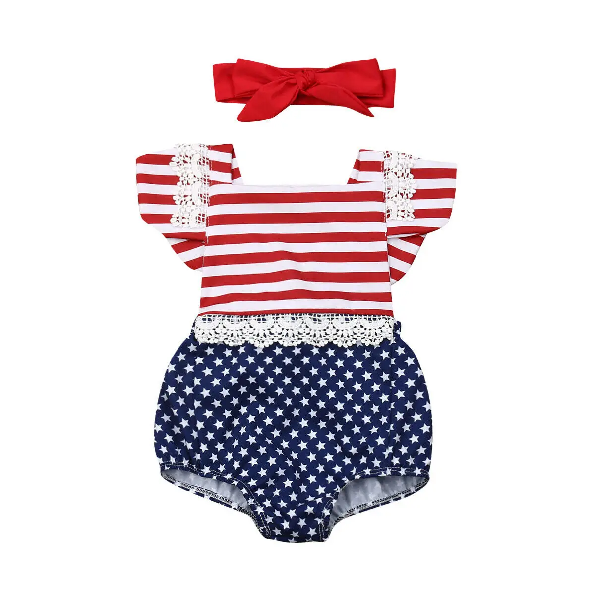 

0-24M 4th of July Newborn Infant Baby Girl Lace Jumpsuit Bodysuit Headband 2pcs Clothes Set Summer Outfits