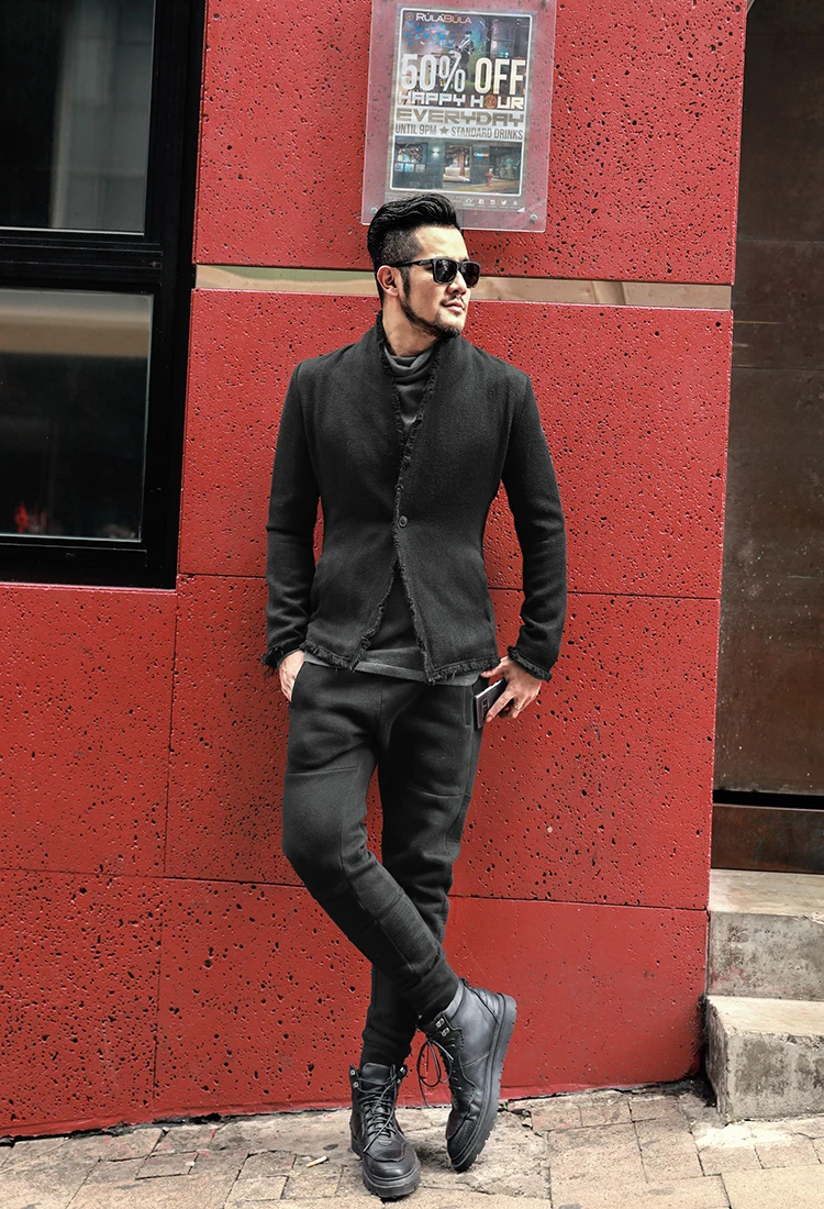 New Spring Retro Black Fur-trimmed Casual Slim Black European Style Suit for Men Stand Collar Men Suit Blazer Brand F8288