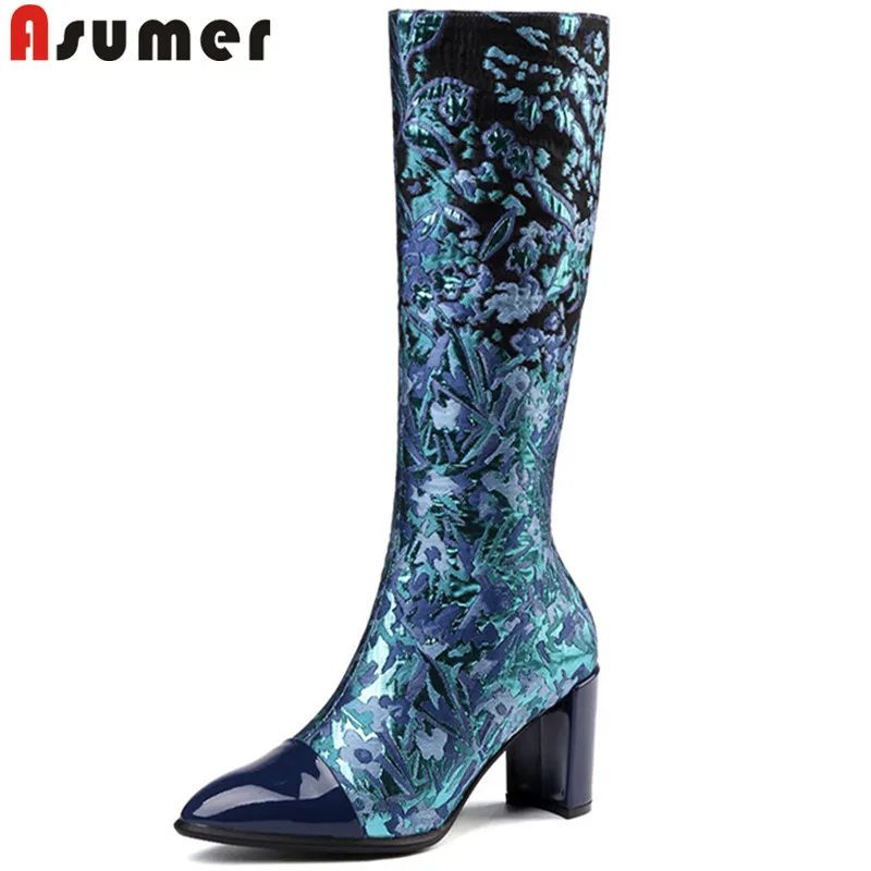 

ASUMER big size 34-43 fashion autumn winter boots women pointed toe zip cow patent leather+silk boots women high heels shoes