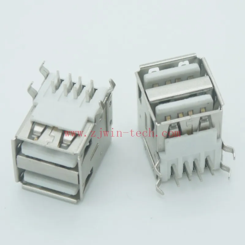 

100PCS/PACK Dual USB 2.0 Jack 90 Degree USB Connector Female 4 Bent Feet Female Socket For Inference Charging White/Black