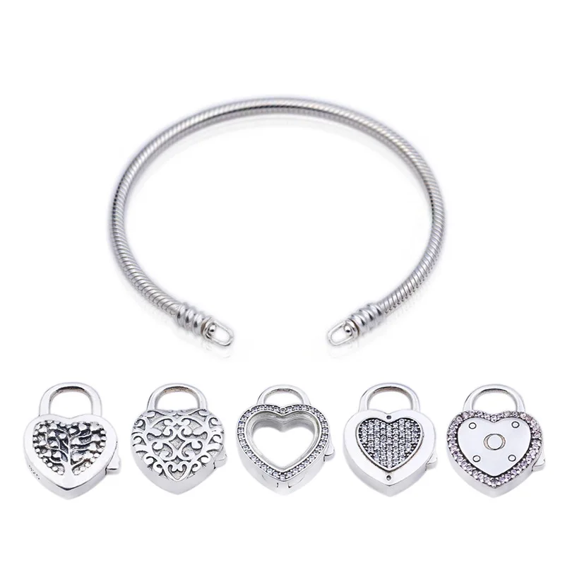 

Original 925 Sterling Silver Lock Your Promise Snake Chain Pan Bracelet Bangle Fit Women Bead Charm Europe Jewelry