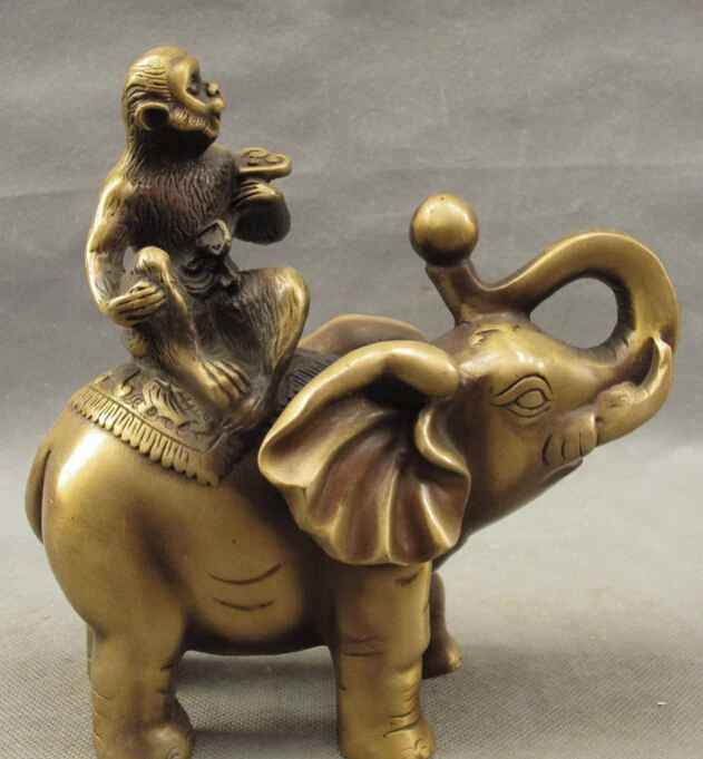 

song voge gem S4367 Folk Chinese Bronze Year Zodiac Monkey Hold RuYi Ride Elephant Heffalump Statue