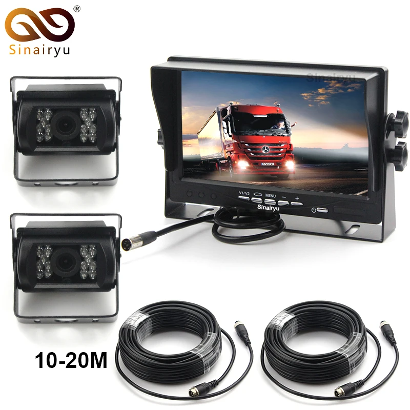

Sinairyu Large Vehicle Conmpact 7 Inch TFT LCD Monitor + 2PCS Metal Shell IR Rear View Camera Waterproof Night Vision