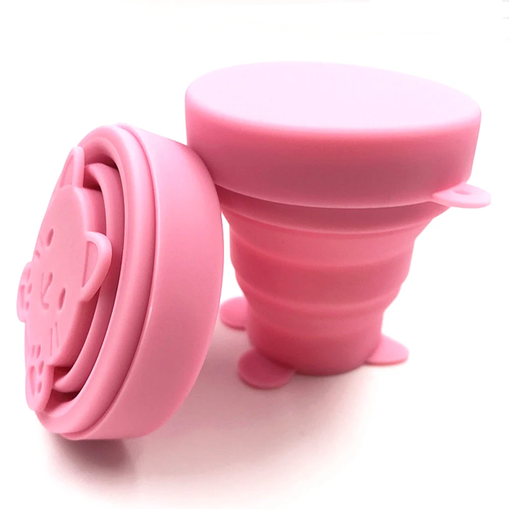 2 цвета на выбор, портативная силиконовая кружка для воды с рисунком животных из мультфильмов, выдвижная чашка для путешествий, посуда для напитков для кемпинга - Цвет: pink