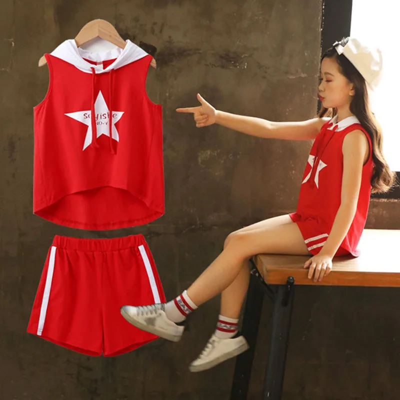 

Summer Cute Kids Girls Star Printing Hooded Sleeveless Vest Top Short Pants Girls Set Children Clothes Red White Girls Clothing