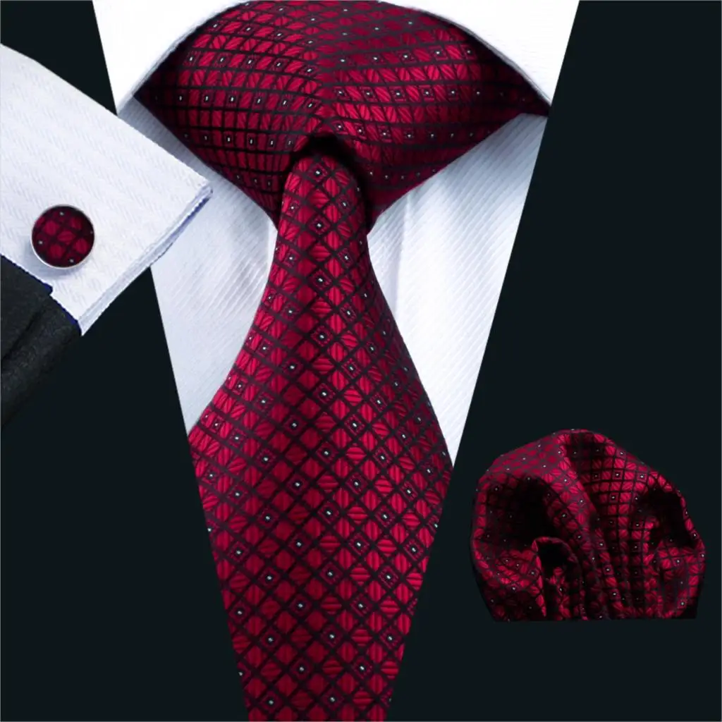 

FA-704 Mens Tie Red Plaid Silk Jacquard Neck tie Tie Hanky Cufflinks Set Ties For Men Business Wedding Party Free Shipping