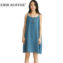 EMIR ROFFER 2018 Summer Blue Cotton Linen Dress Female Women Sexy Mini Spaghetti Straps Boho Beach Ladies Casual Loose Dresses